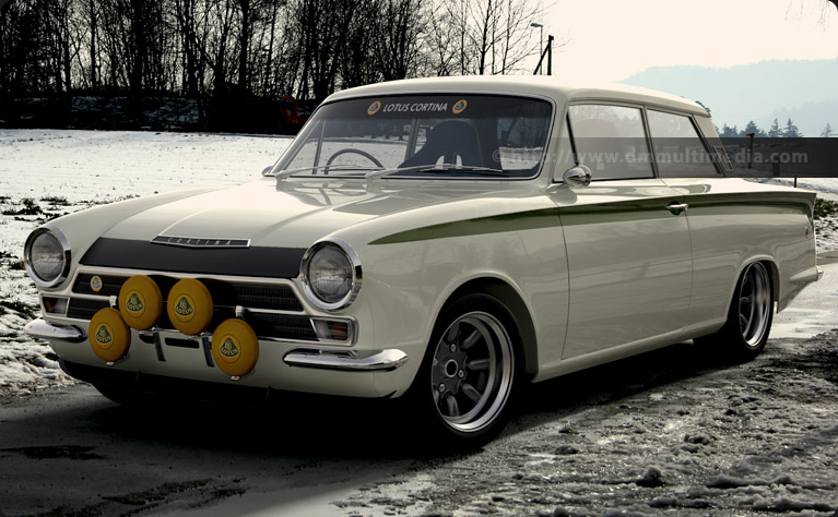 Lotus Cortina in White with Lotus Green stripes out tio play in the snow