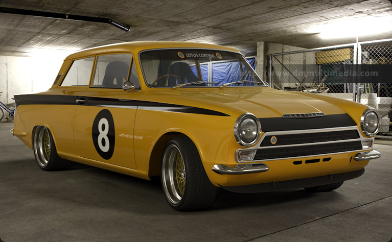 Yellow Lotus Cortina in racing spec with spoiler and GP5 Alloys