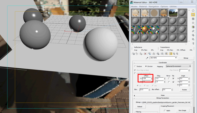 Adjust the U offset for the 360 HDRI background